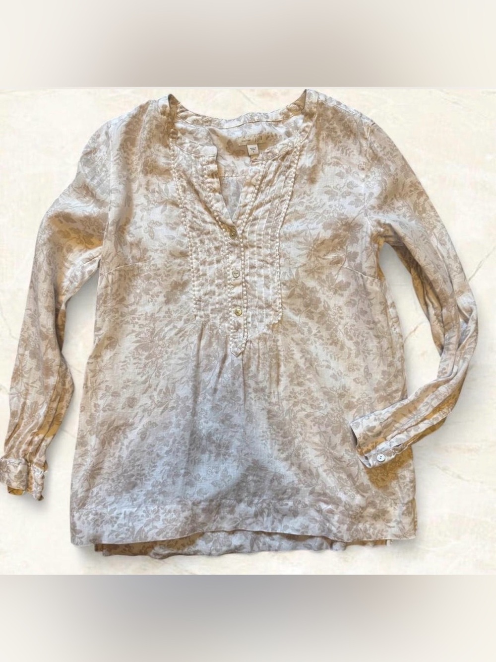 J Jill Love Linen Button Lace Long Sleeve Blouse Butterfly Floral Top White S